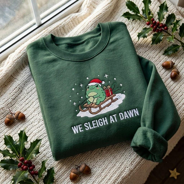 We Sleigh At Dawn Frog Embroidered Sweatshirt, Funny Winter Holiday Toad Sled Crewneck