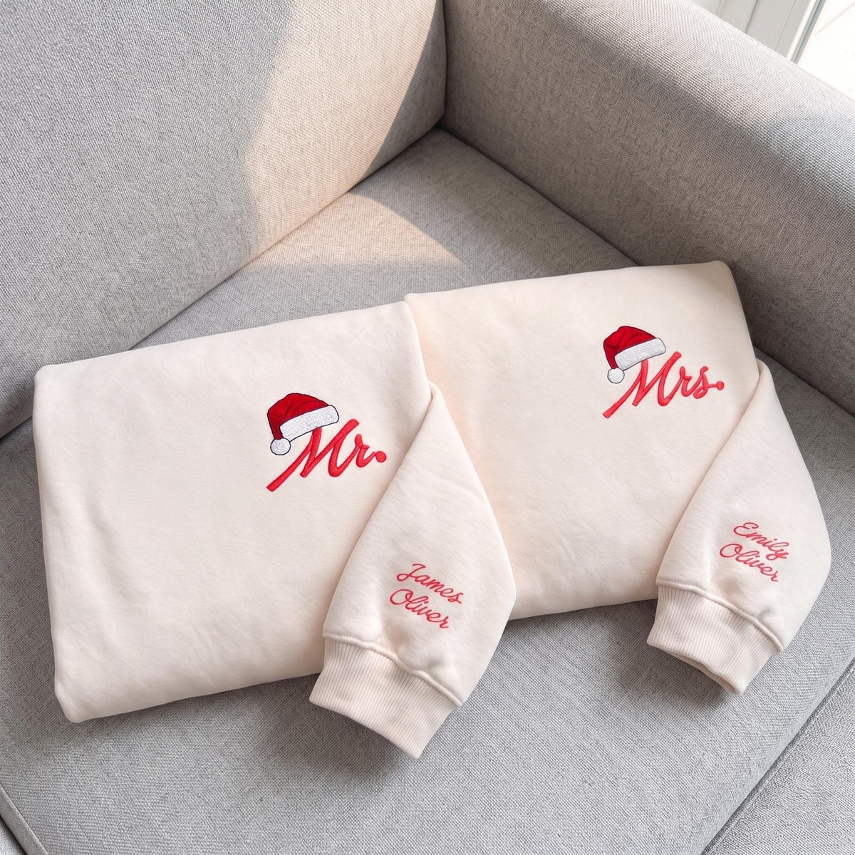 Embroidered Mr Mrs Christmas Couples Sweatshirt, Custom Sleeve Name Santa Hat Shirt, Matching Couples Holiday Gift Cozy Xmas Crewneck