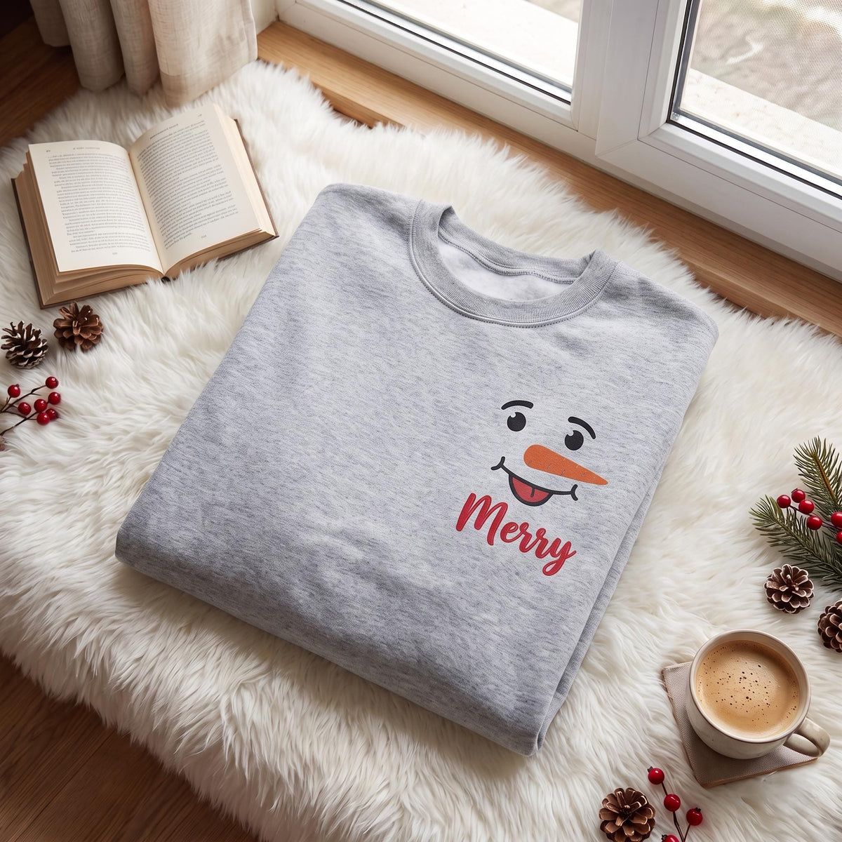 Snowman Face Christmas Embroidered Sweatshirt, Custom Name Family Matching Crewneck