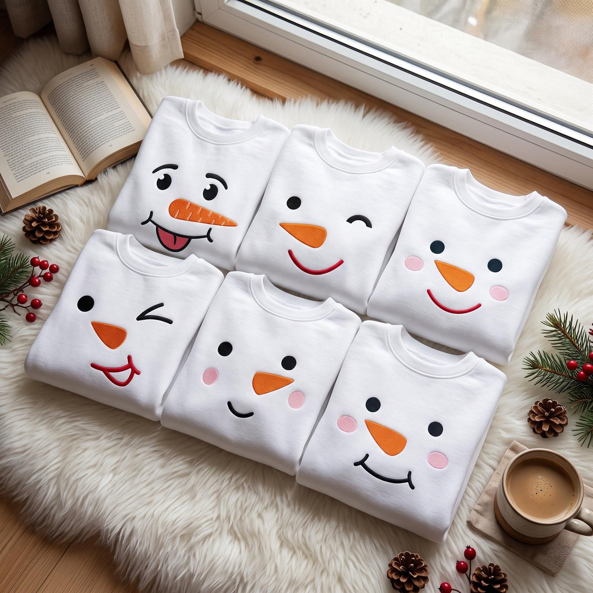 Snowman Face Christmas Embroidered Sweatshirt, Family Matching Holiday Xmas Crewneck