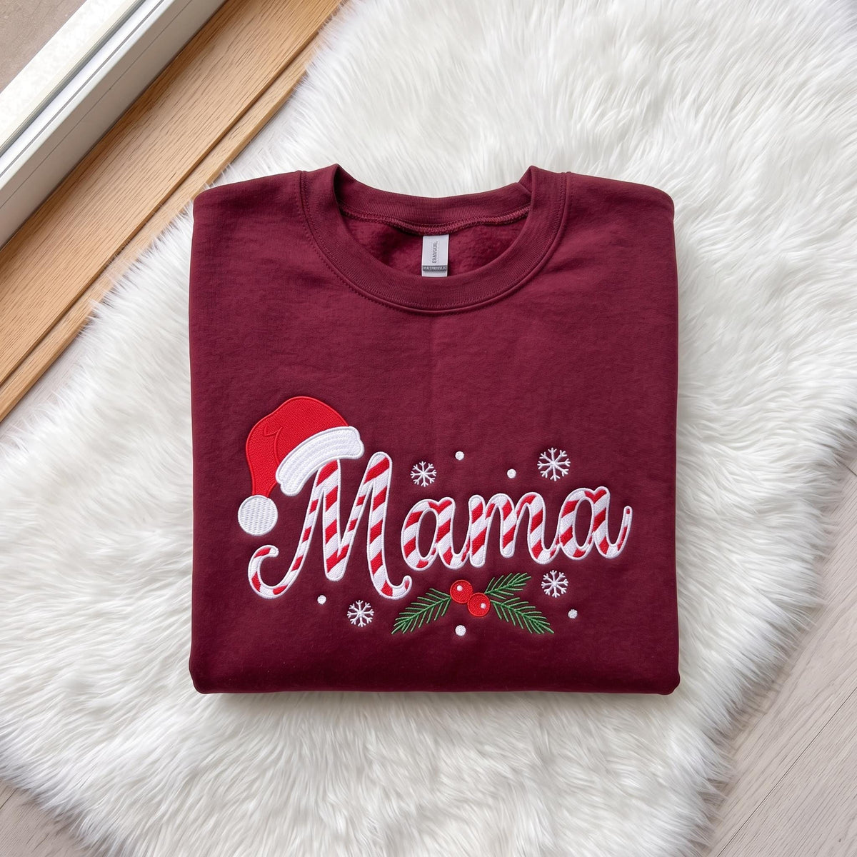 Candy Cane Christmas Embroidered Sweatshirt, Custom Name Santa Hat Family Crewneck