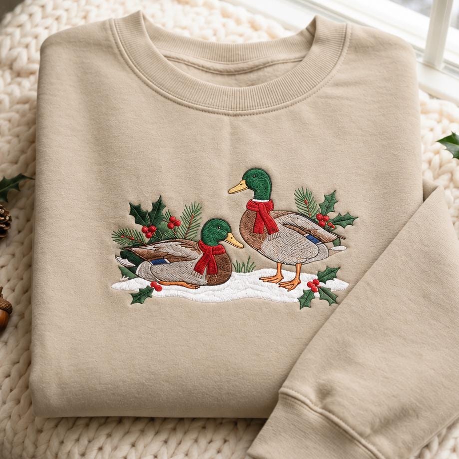 Vintage Mallard Duck Christmas Embroidered Sweatshirt, Country Winter Holiday Crewneck