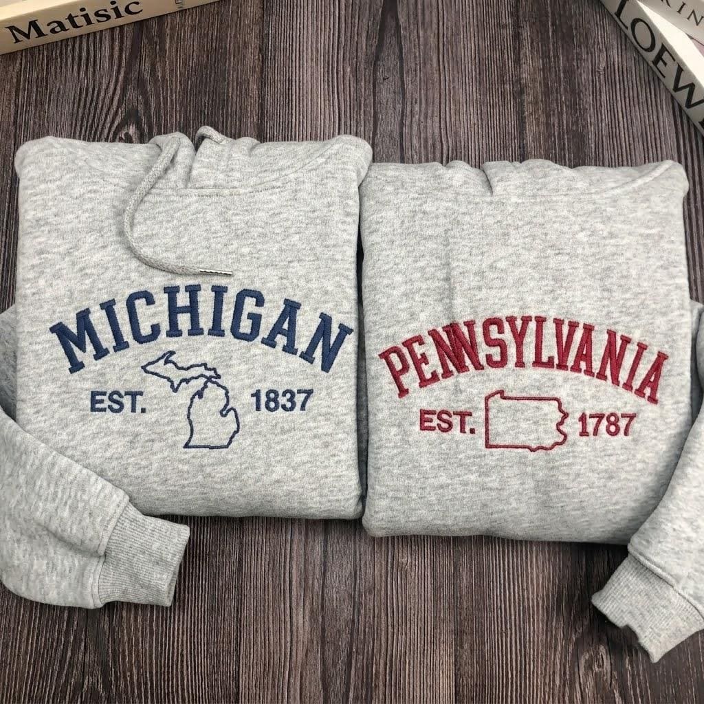 Personalized US State Map Embroidered Sweatshirt, Custom Varsity Est Year Crewneck
