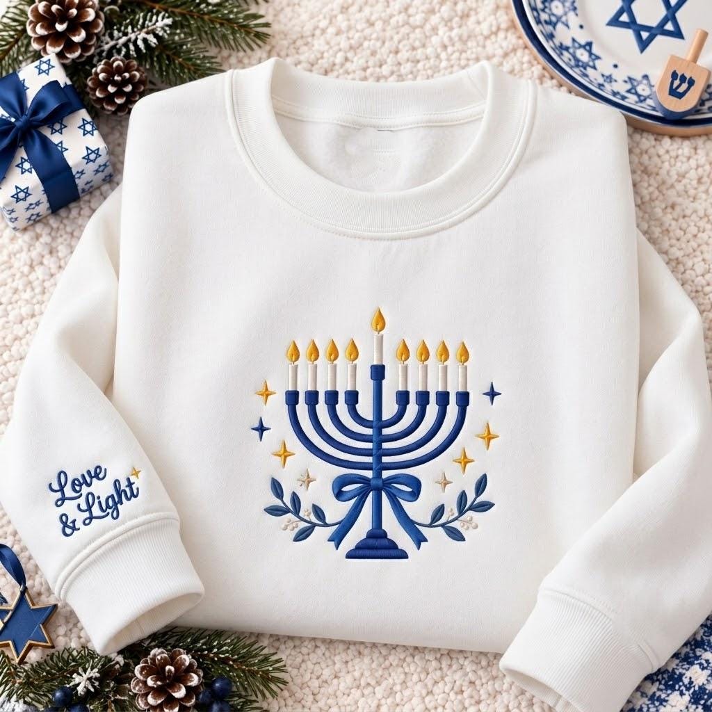 Hanukkah Menorah Bow Love And Light Sweatshirt, Custom Jewish Festival Holiday Crewneck