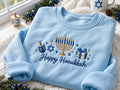 Happy Hanukkah Menorah Dreidel Embroidered Sweatshirt, Jewish Star Bow Holiday Crewneck