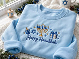 Happy Hanukkah Menorah Dreidel Embroidered Sweatshirt, Jewish Star Bow Holiday Crewneck