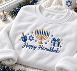 Happy Hanukkah Menorah Dreidel Embroidered Sweatshirt, Jewish Star Bow Holiday Crewneck