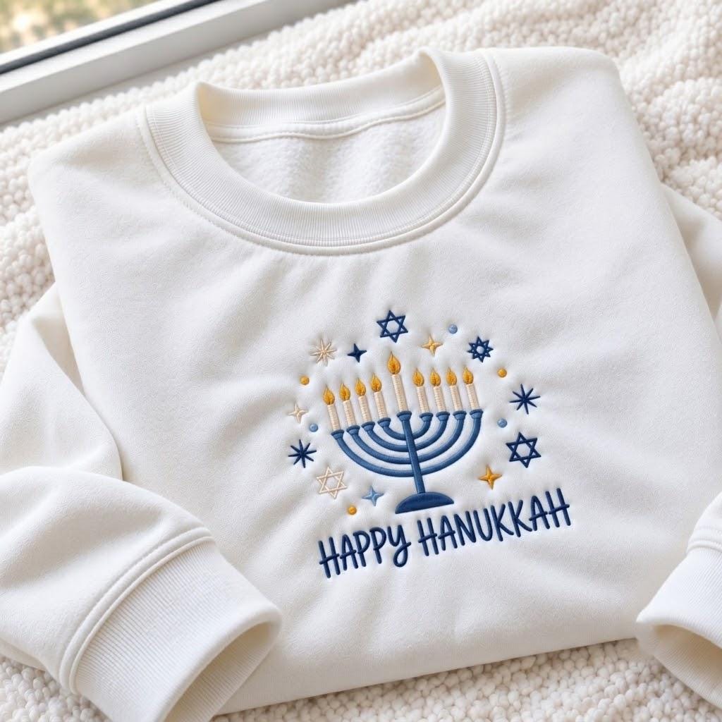 Happy Hanukkah Menorah Embroidered Sweatshirt, Jewish Star Of David Holiday Crewneck