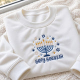 Happy Hanukkah Menorah Embroidered Sweatshirt, Jewish Star Of David Holiday Crewneck