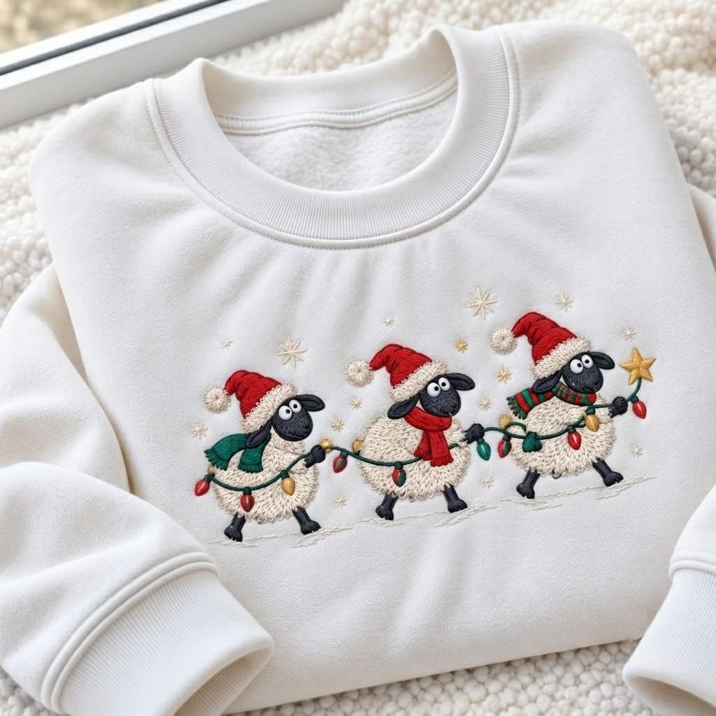 Christmas Sheep Lights Embroidered Sweatshirt, Cute Lamb Santa Hat Holiday Crewneck