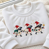 Christmas Sheep Lights Embroidered Sweatshirt, Cute Lamb Santa Hat Holiday Crewneck