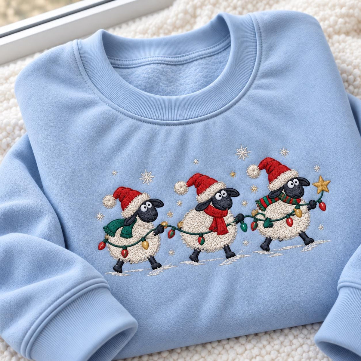Christmas Sheep Lights Embroidered Sweatshirt, Cute Lamb Santa Hat Holiday Crewneck
