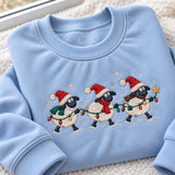 Christmas Sheep Lights Embroidered Sweatshirt, Cute Lamb Santa Hat Holiday Crewneck