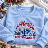 Merry Chrismukkah Embroidered Sweatshirt, Jewish Menorah Santa Hat Holiday Crewneck