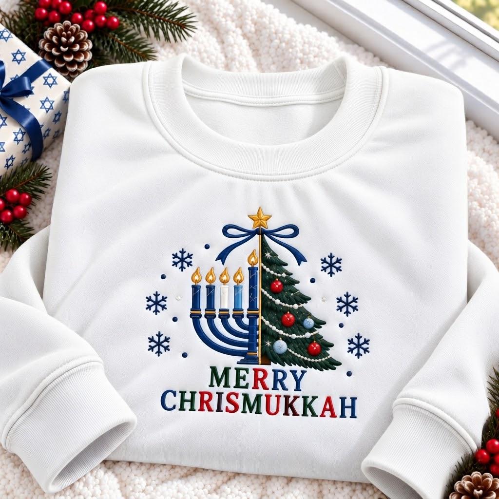 Merry Chrismukkah Tree Bow Embroidered Sweatshirt, Jewish Menorah Holiday Crewneck