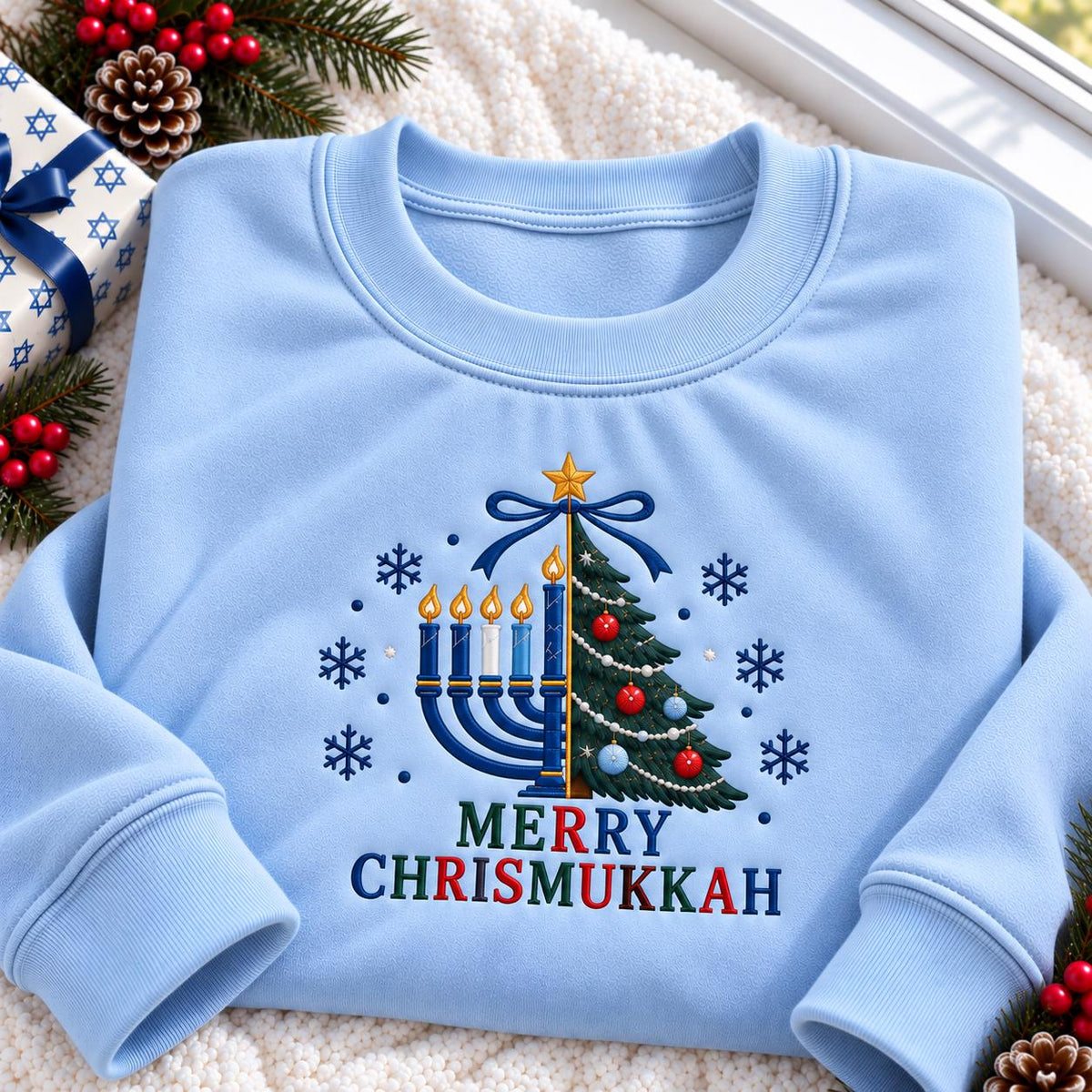 Merry Chrismukkah Tree Bow Embroidered Sweatshirt, Jewish Menorah Holiday Crewneck