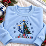 Merry Chrismukkah Tree Bow Embroidered Sweatshirt, Jewish Menorah Holiday Crewneck