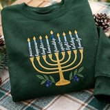Embroidered Menorah Words Hanukkah Sweatshirt, Custom Jewish Festival of Lights Gift