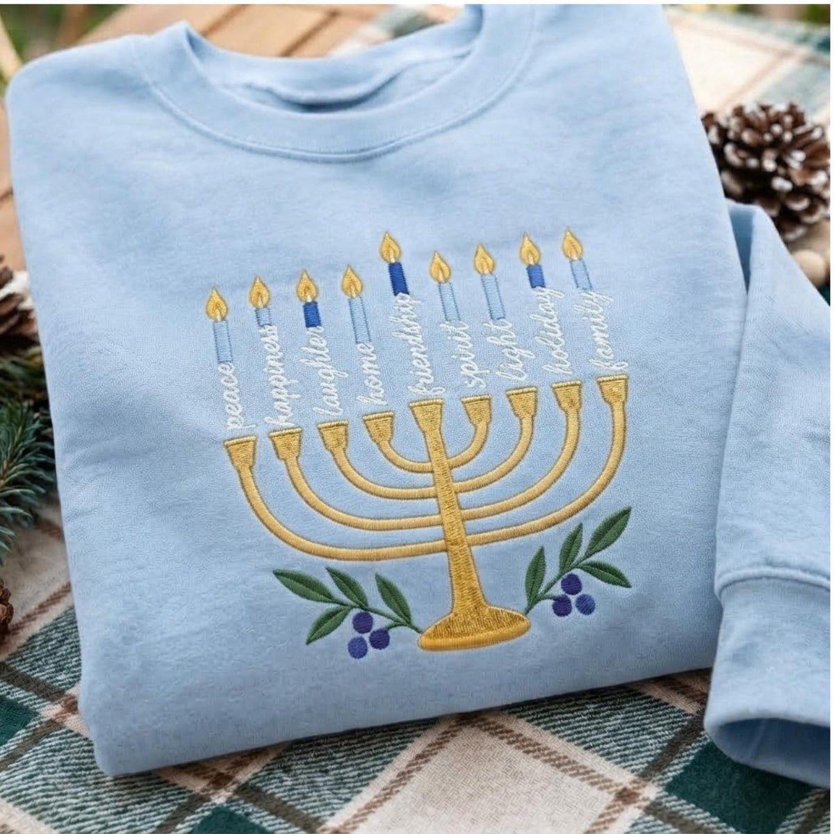 Embroidered Menorah Words Hanukkah Sweatshirt, Custom Jewish Festival of Lights Gift