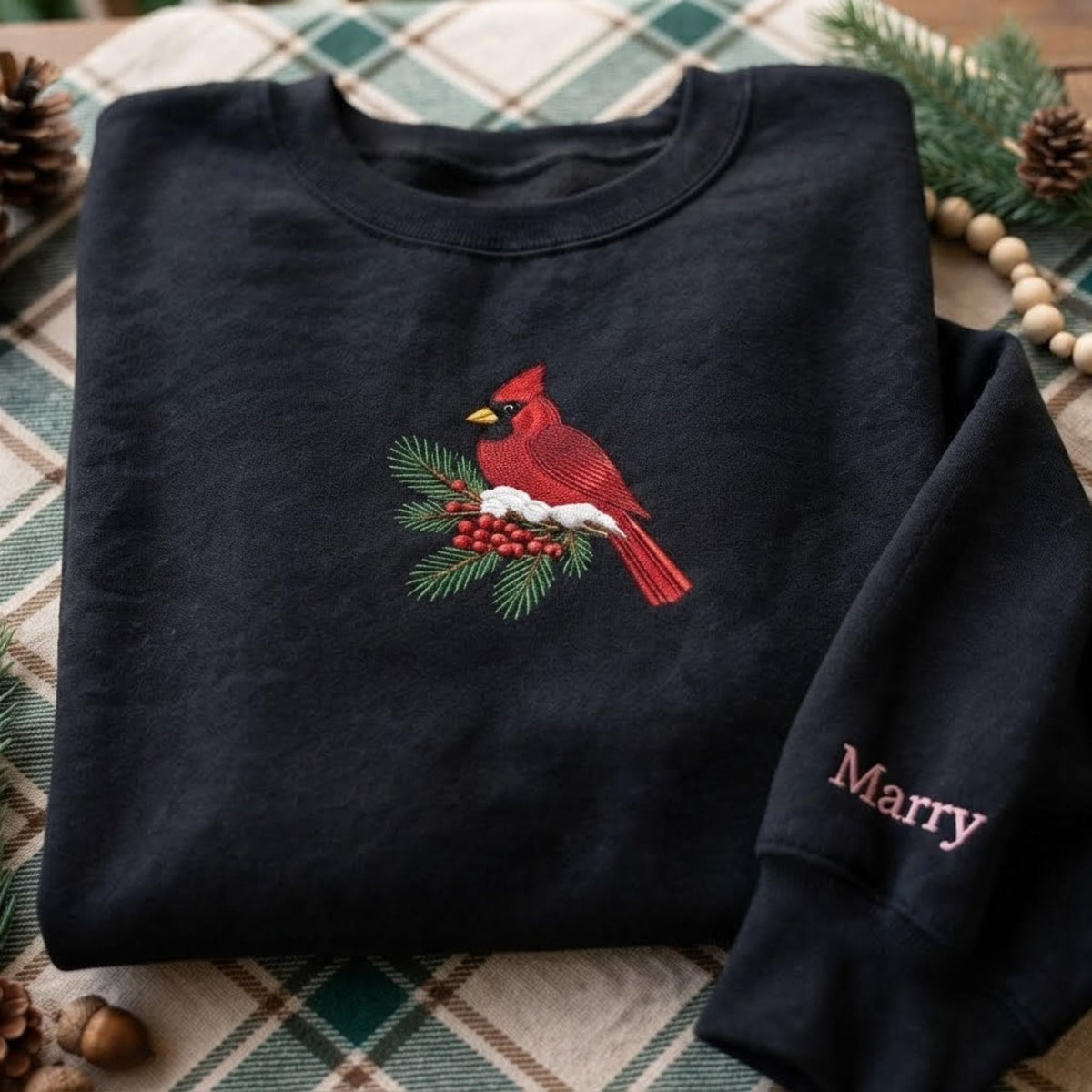 Custom Embroidered Red Cardinal Bird Sweatshirt, Personalized Snowy Pine Holiday Gift