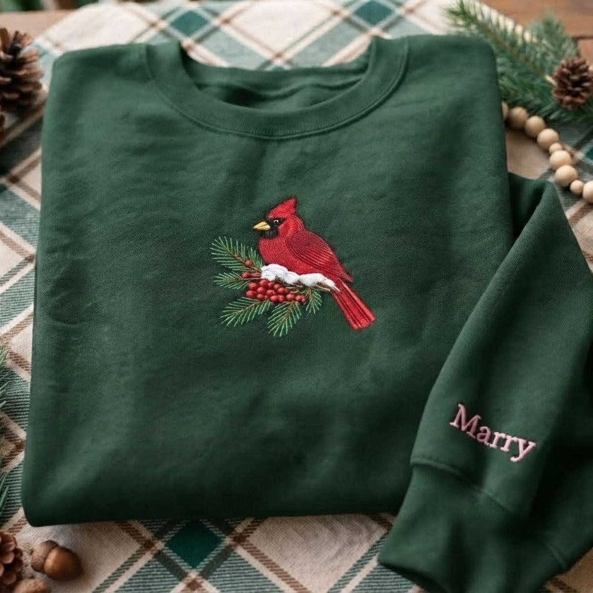 Custom Embroidered Red Cardinal Bird Sweatshirt, Personalized Snowy Pine Holiday Gift