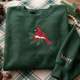 Custom Embroidered Red Cardinal Bird Sweatshirt, Personalized Snowy Pine Holiday Gift