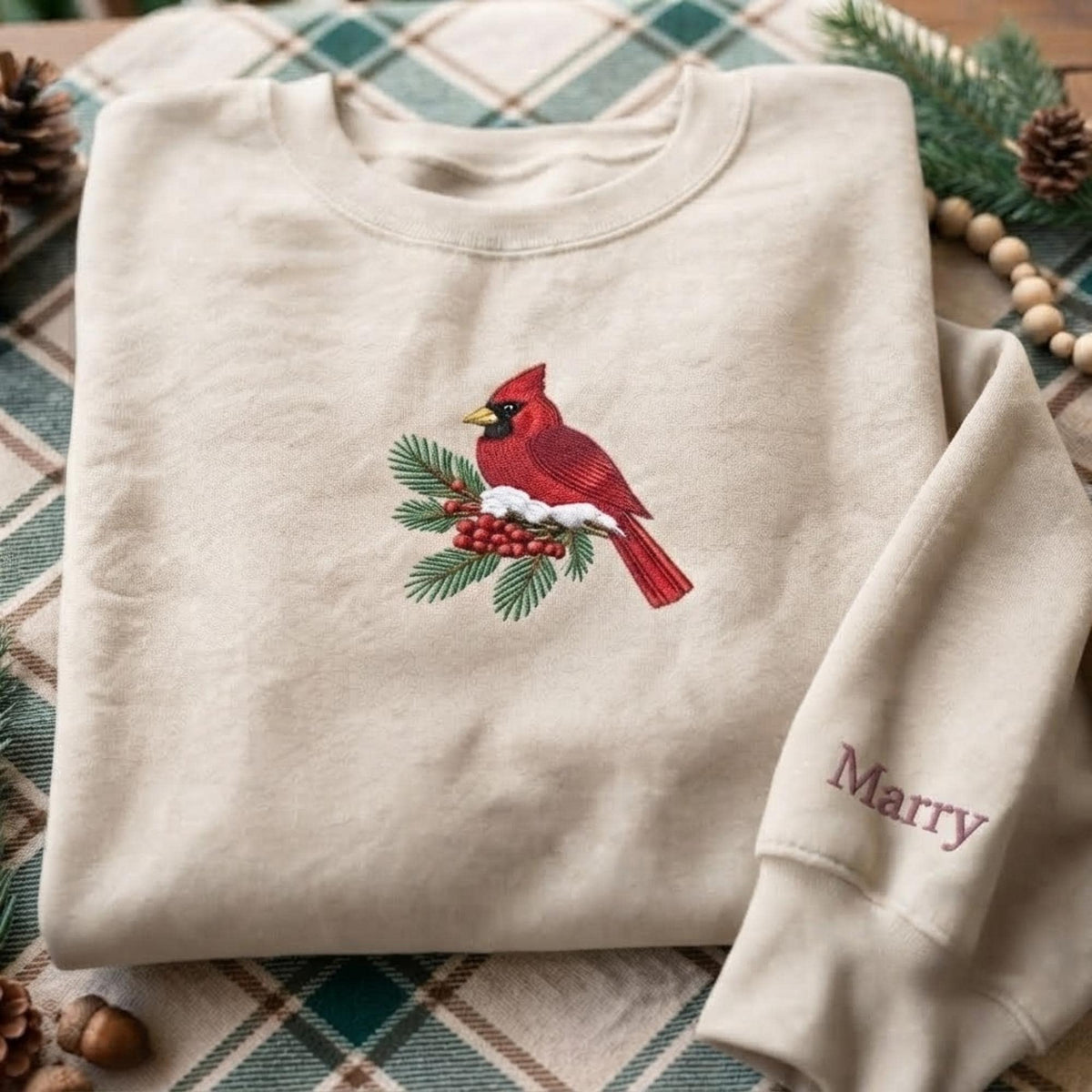 Custom Embroidered Red Cardinal Bird Sweatshirt, Personalized Snowy Pine Holiday Gift