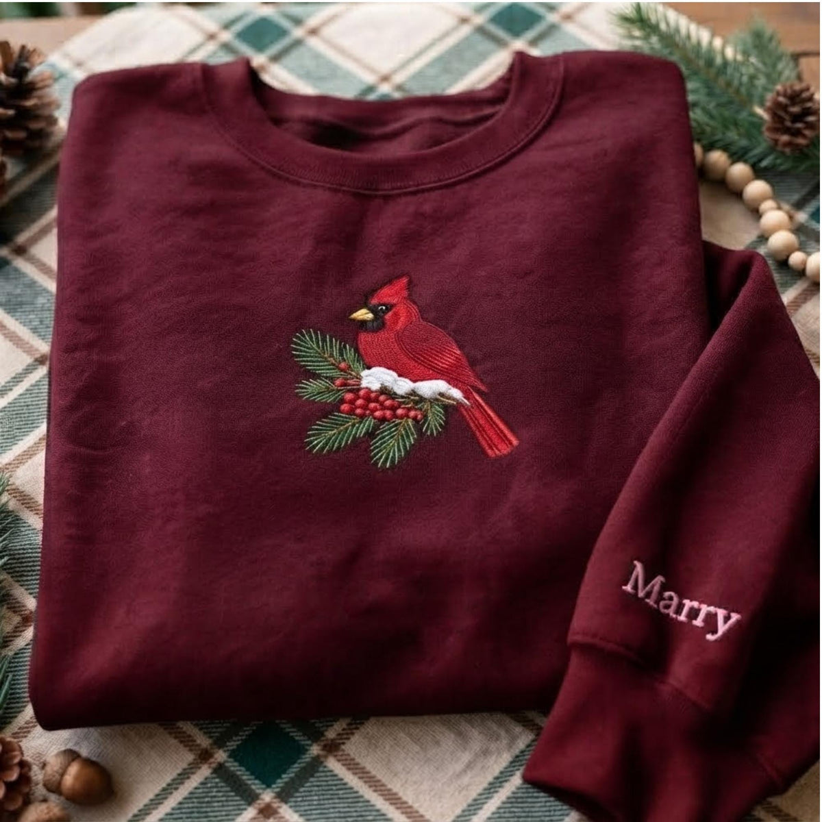 Custom Embroidered Red Cardinal Bird Sweatshirt, Personalized Snowy Pine Holiday Gift