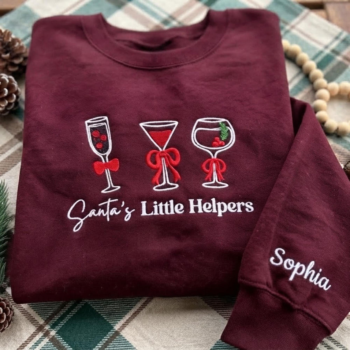 Personalized Embroidered Wine Glass Christmas Sweatshirt, Santa's Little Helpers Holiday Gift
