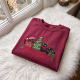 Merry Catmas Embroidered Sweatshirt, Black Cat Christmas Tree Cat Lover Crewneck