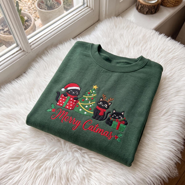 Merry Catmas Embroidered Sweatshirt, Black Cat Christmas Tree Cat Lover Crewneck