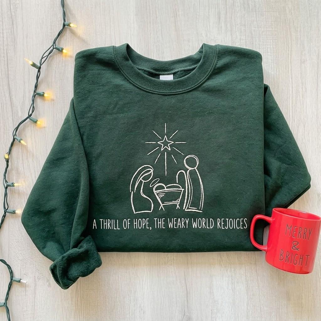 Nativity Scene Line Art Embroidered Sweatshirt, A Thrill Of Hope Custom Wrist Crewneck