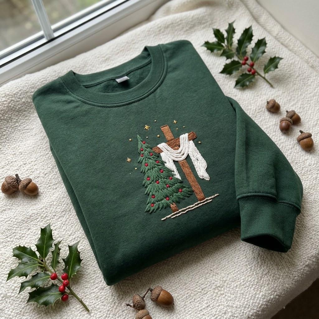Christmas Tree And Cross Embroidered Sweatshirt, Christian Jesus Faith Holiday Crewneck