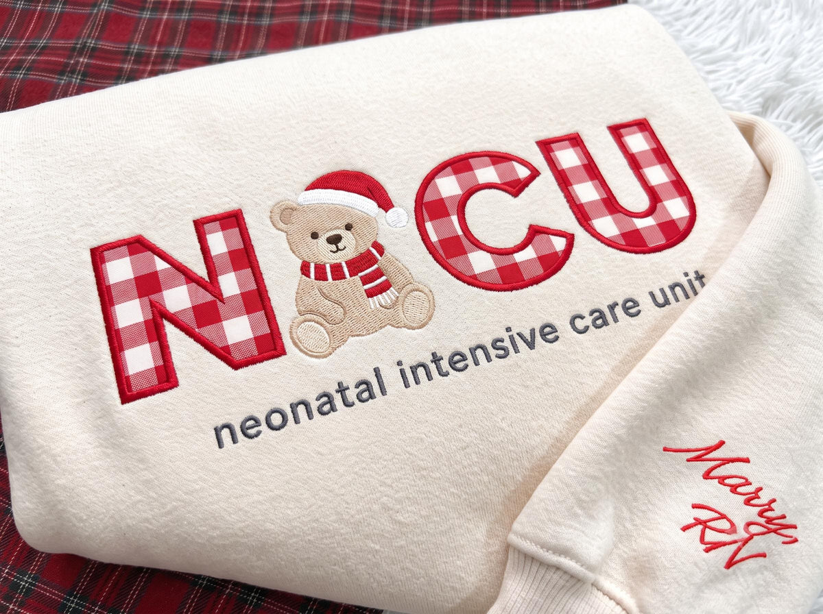 NICU Nurse Embroidered Christmas Sweatshirt Neonatal Intensive Care Teddy Bear Personalized Gift, Christmas Gift For New Nurse RN Nurse Gift