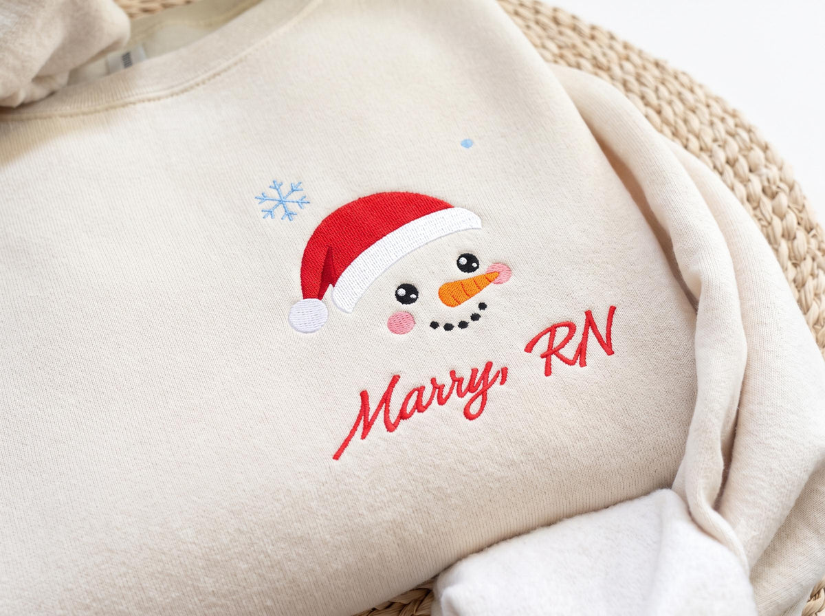 Nurse Snowman Embroidered Christmas Sweatshirt Personalized Name RN LD Holiday Crewneck Gift, Christmas Gift For New Nurse, RN Nurse Gift