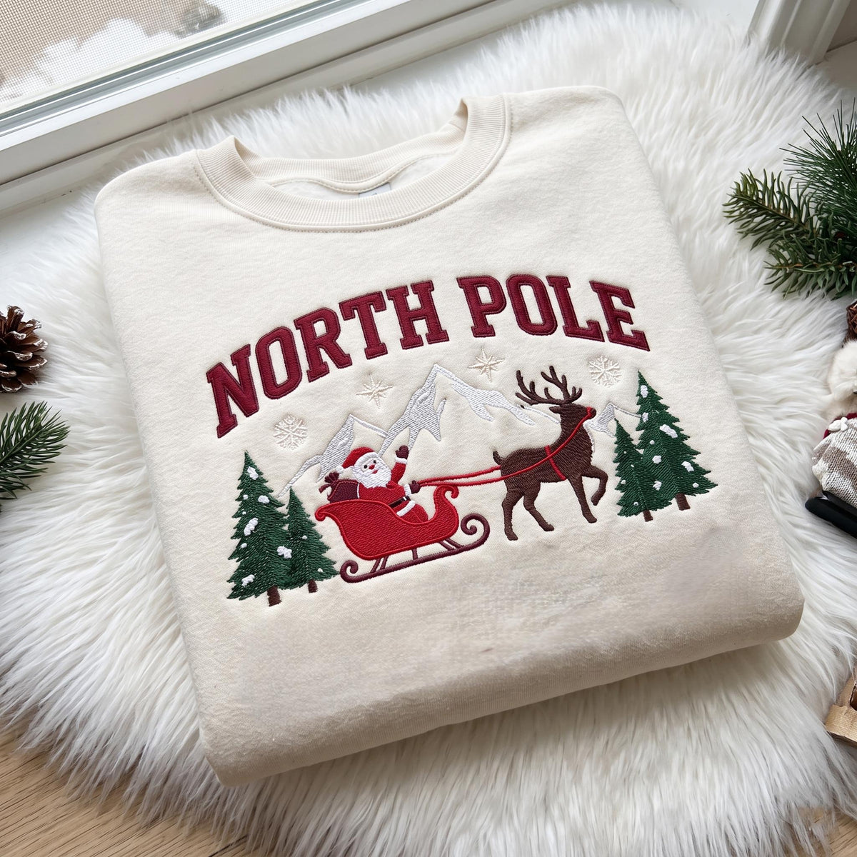 North Pole Christmas Embroidered Sweatshirt, Vintage Santa Sleigh Reindeer Crewneck
