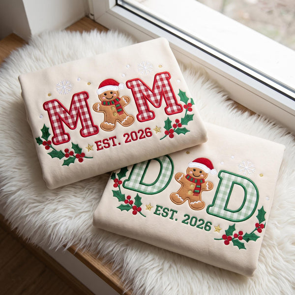 Gingham Mom Dad Christmas Sweatshirt, Custom Gingerbread Established Year Crewneck