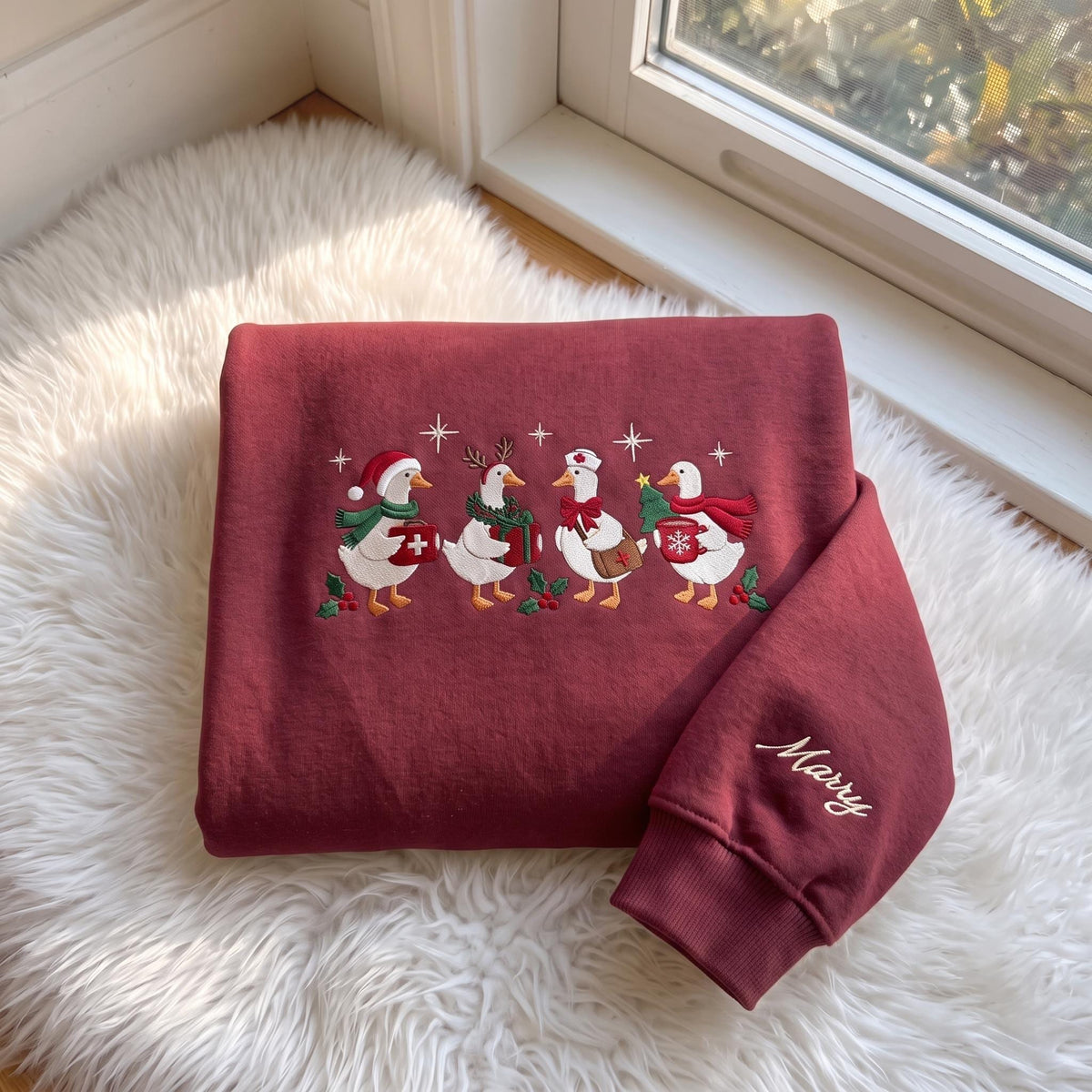 Christmas Goose Embroidered Sweatshirt, Custom Sleeve Name Nurse Goose Xmas Crewneck