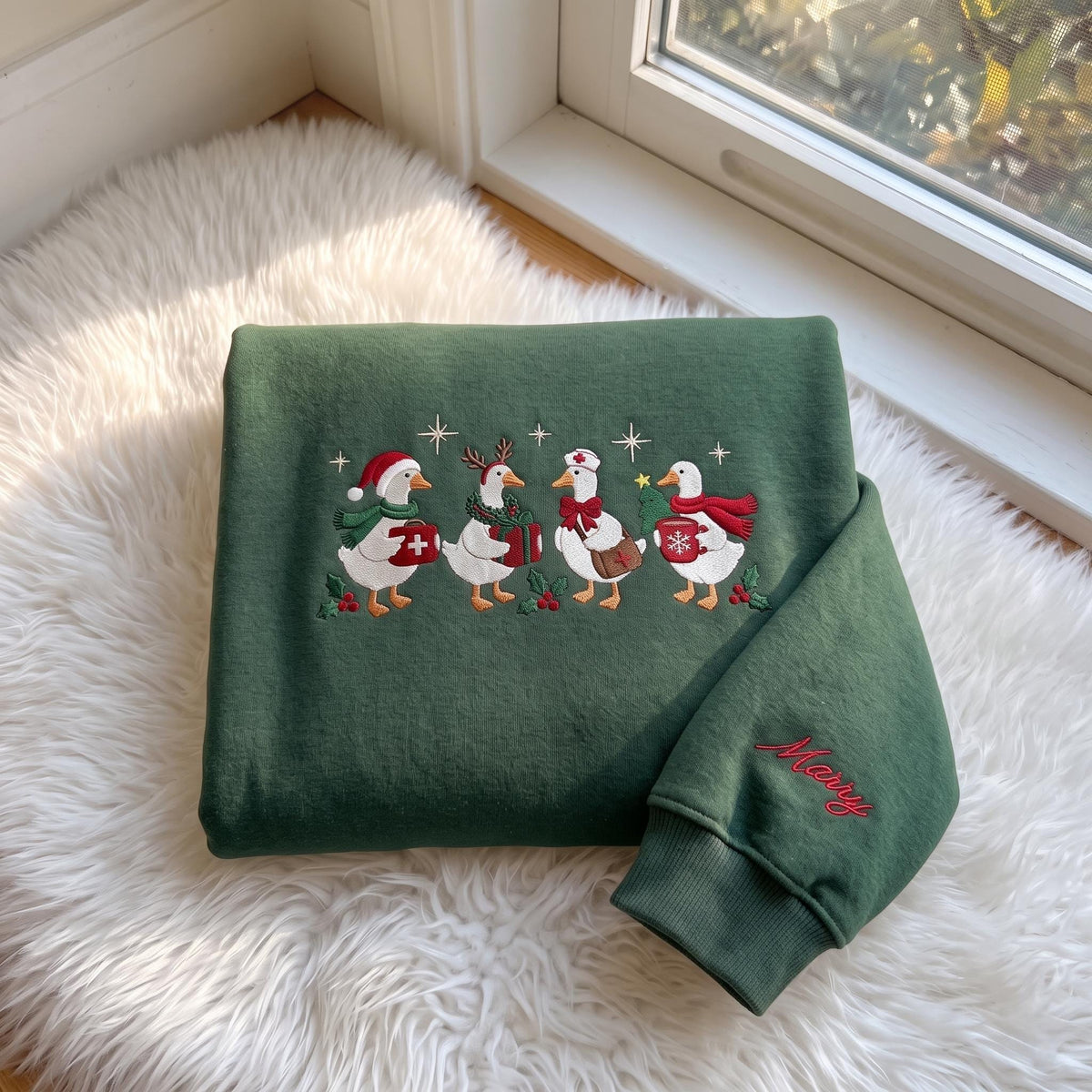 Christmas Goose Embroidered Sweatshirt, Custom Sleeve Name Nurse Goose Xmas Crewneck
