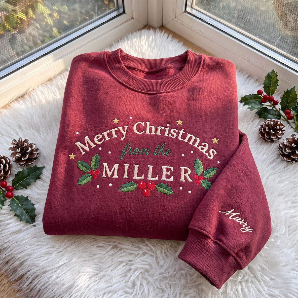 Merry Christmas Family Embroidered Sweatshirt, Custom Last Name Sleeve Holly Crewneck