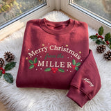 Merry Christmas Family Embroidered Sweatshirt, Custom Last Name Sleeve Holly Crewneck