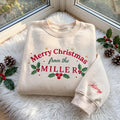 Merry Christmas Family Embroidered Sweatshirt, Custom Last Name Sleeve Holly Crewneck