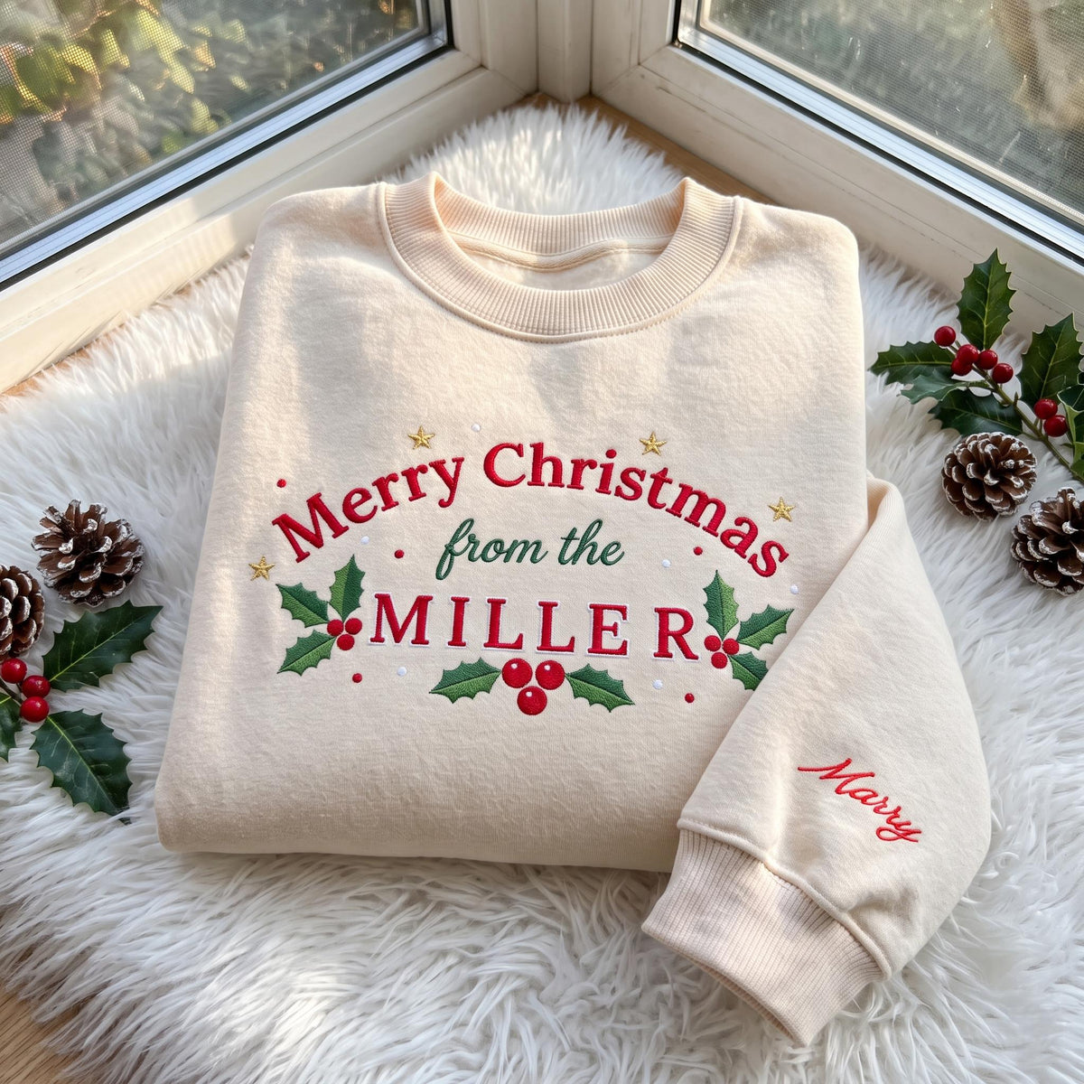 Merry Christmas Family Embroidered Sweatshirt, Custom Last Name Sleeve Holly Crewneck