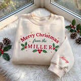 Merry Christmas Family Embroidered Sweatshirt, Custom Last Name Sleeve Holly Crewneck