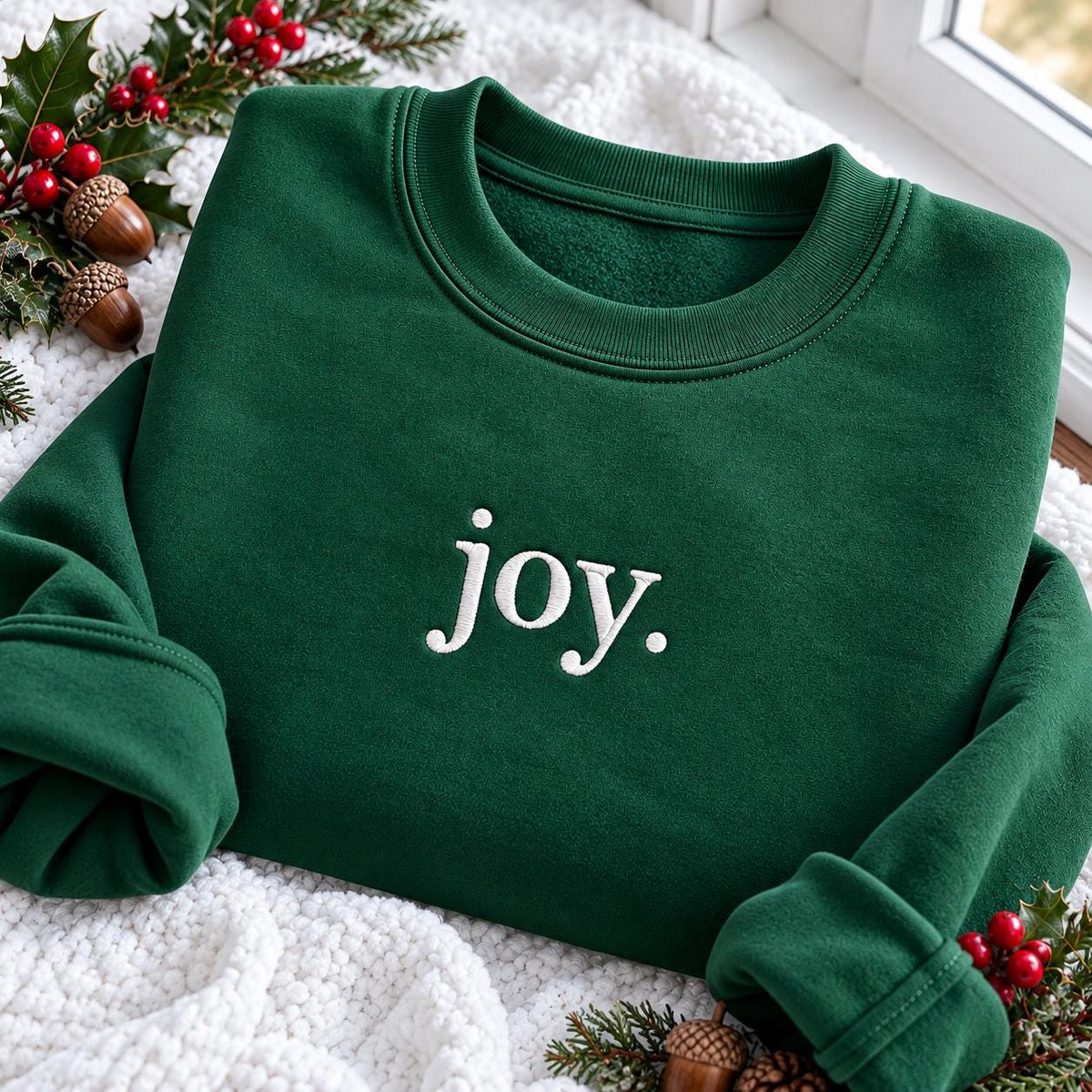Minimalist Joy Word Christmas Embroidered Sweatshirt, Simple Cute Festive Crewneck