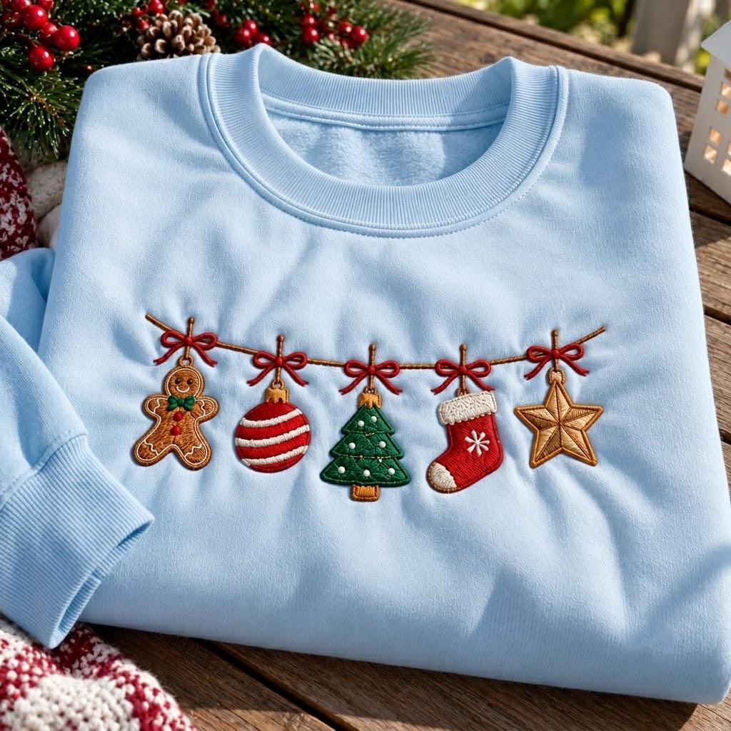 Christmas Garland Bow Embroidered Sweatshirt, Gingerbread Tree Stocking Holiday Crewneck