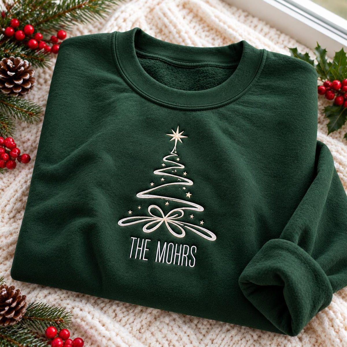 Christmas Tree Family Name Embroidered Sweatshirt, Custom Matching Holiday Crewneck