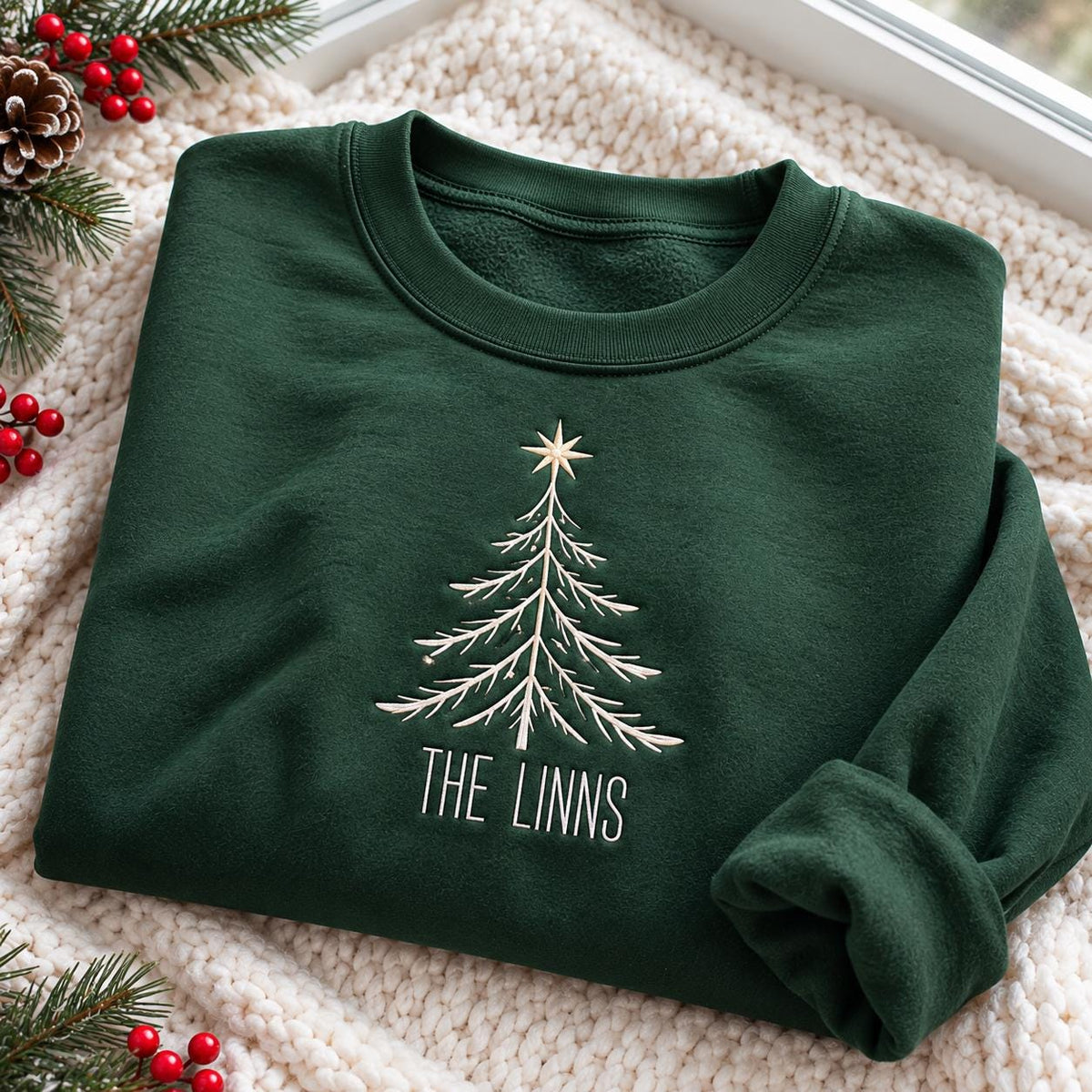 Christmas Tree Family Name Embroidered Sweatshirt, Custom Matching Holiday Crewneck