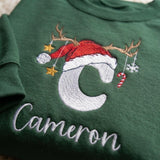 Christmas Reindeer Monogram Embroidered Sweatshirt, Custom Initial Holiday Crewneck