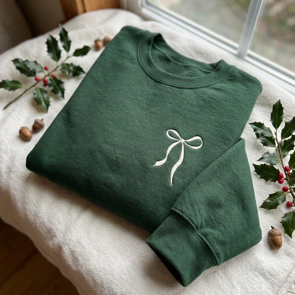 Minimalist Coquette Bow Christmas Embroidered Sweatshirt, Dainty Festive Holiday Crewneck